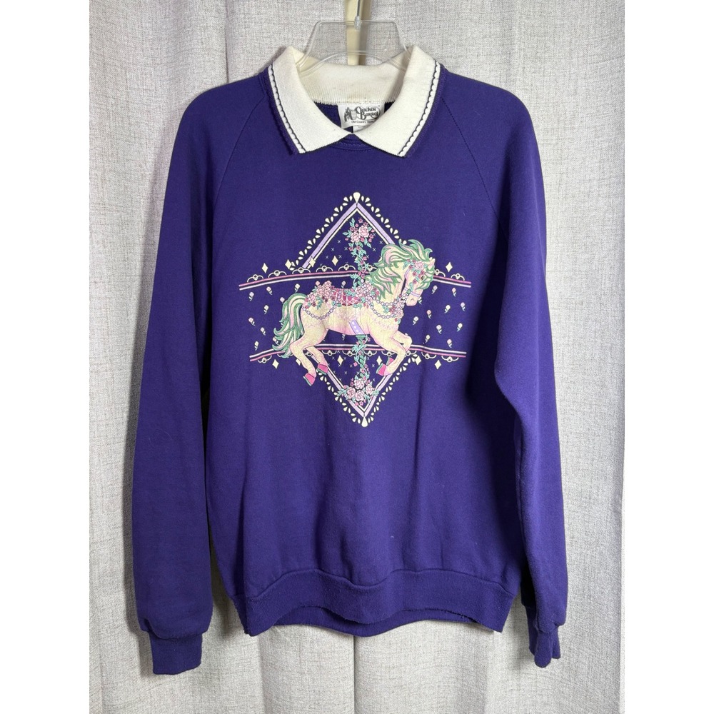 Vintage Cracker Barrel Purple Carousel Horse Graphic Sweatshirt Womens Large USA